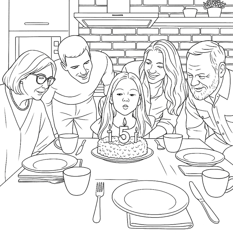 AI-generated coloring page of a girl blowing birthday candles with family, created on Coloring.app's photo conversion tool.
