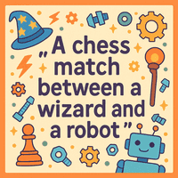 Prompt 'A chess match between a wizard and a robot' with mechanical trinkets, for Coloring.app's AI text-to-coloring generator.