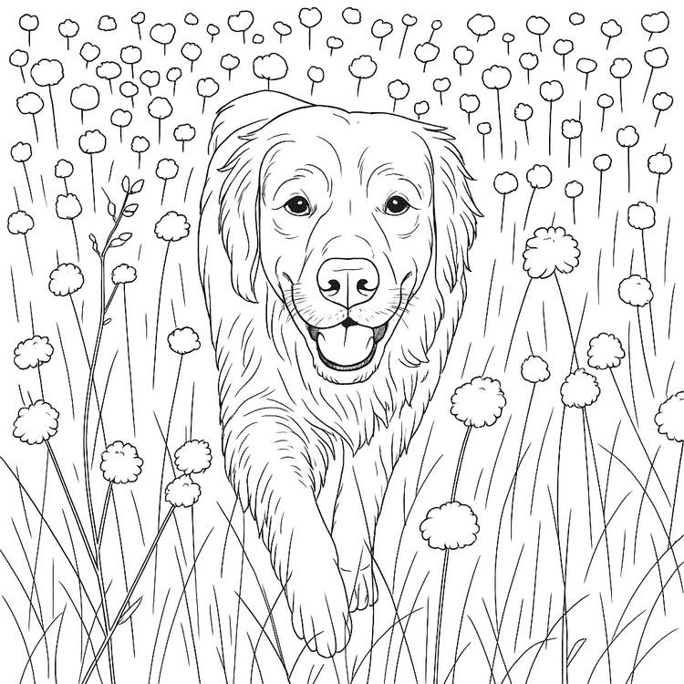 AI-generated coloring page of a dog running in a wildflower meadow, created on Coloring.app's photo conversion tool.