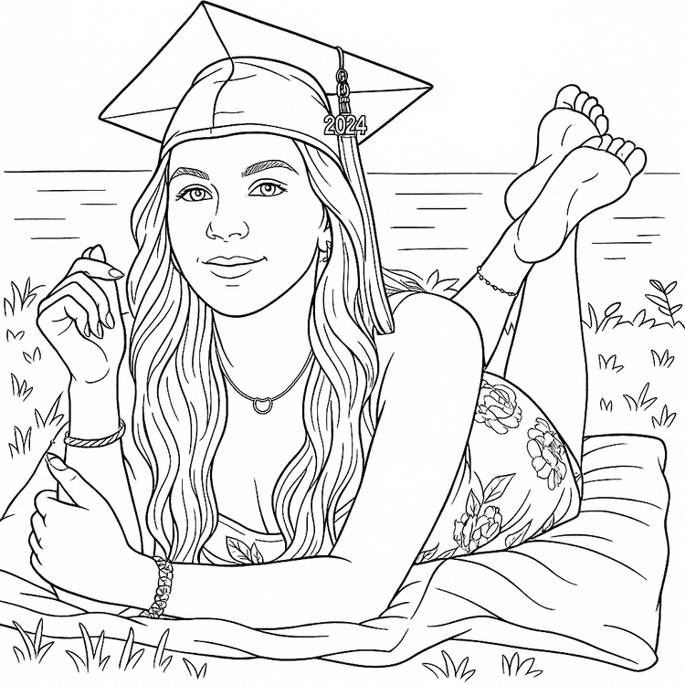 AI-generated coloring page of a graduate laying down on a picnic blanket, created on Coloring.app's photo conversion tool.