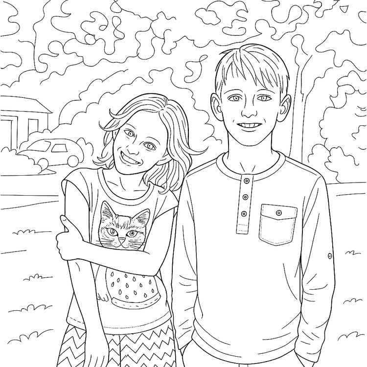 AI-generated coloring page of a sister and her brother smiling to the camera, created on Coloring.app's photo conversion tool.