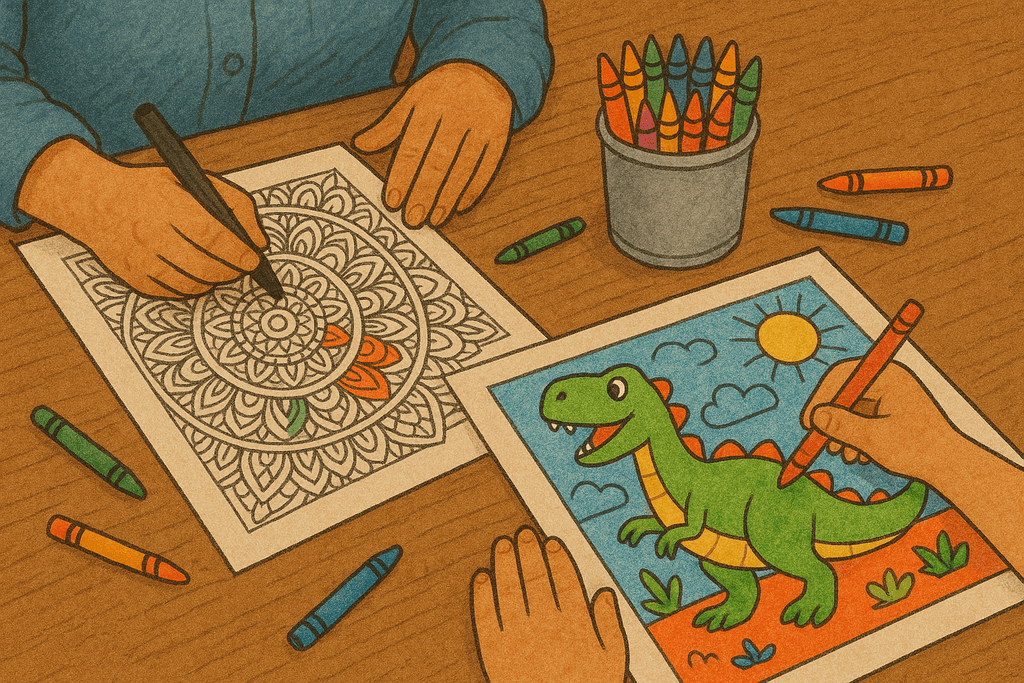 Child coloring a dinosaur page and adult coloring a mandala from Coloring.app, boosting creativity.