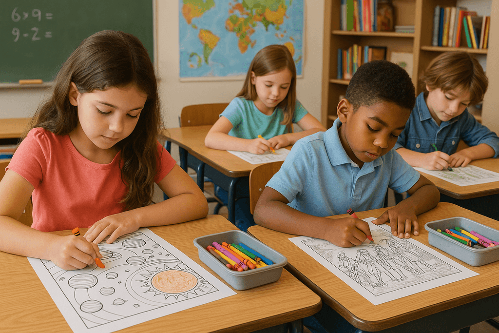 Kids in a classroom coloring solar system and historical pages from Coloring.app, enhancing learning.