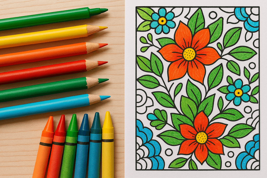 Crayons and markers next to a completed Coloring.app page, highlighting coloring benefits.