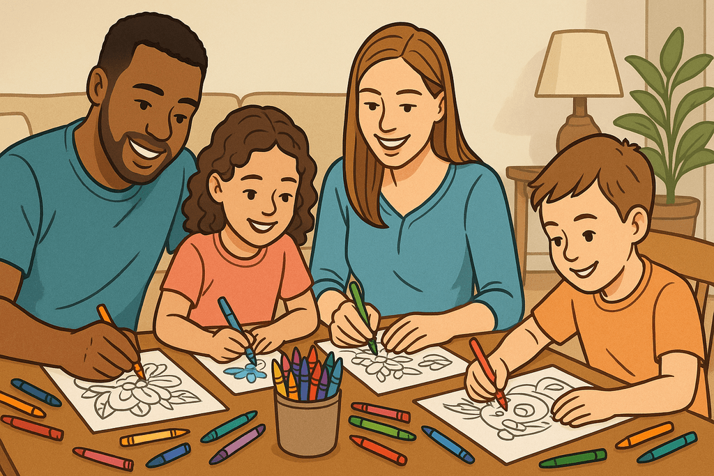 Kids and adults coloring custom Coloring.app pages at a table, promoting family bonding and creativity.