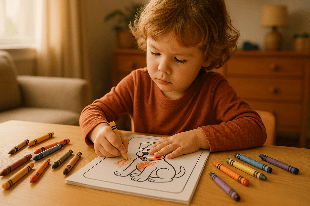 Child coloring a pet dog page with crayons.