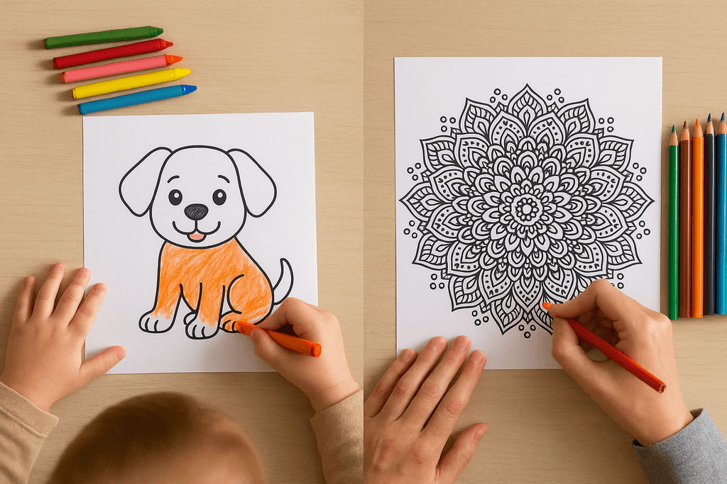 Child coloring a dog page and adult coloring a mandala, boosting creativity