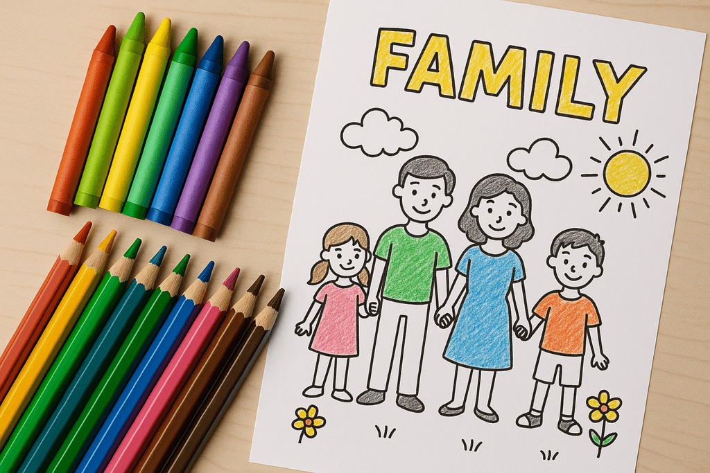 Coloring supplies next to a family-themed Coloring.app page