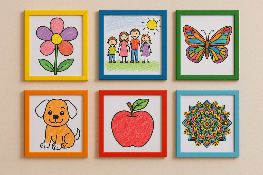 Wall with framed Coloring.app pages by a family, fostering bonding