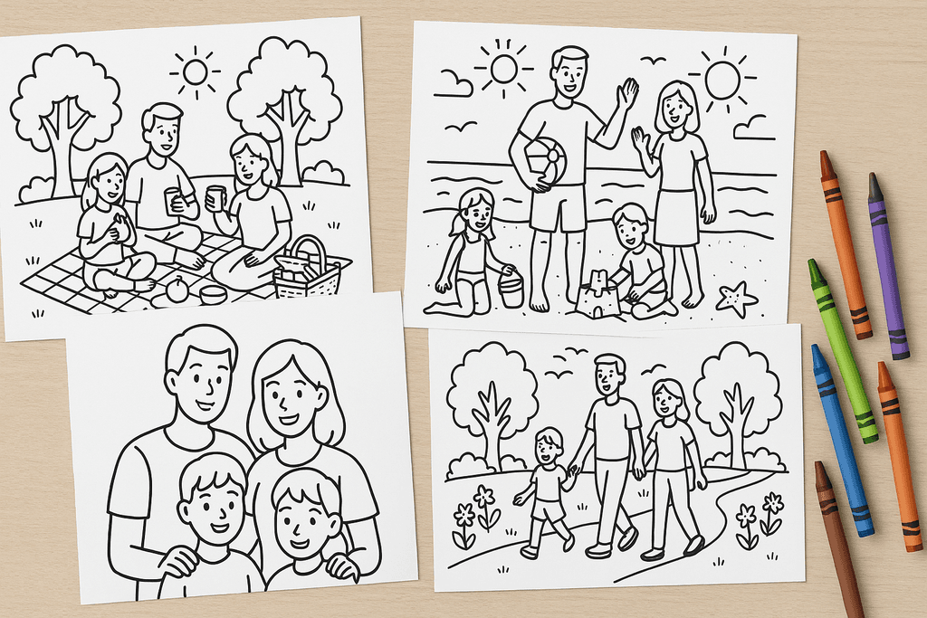 Printed Coloring.app family-themed pages, like a picnic scene, on a table
