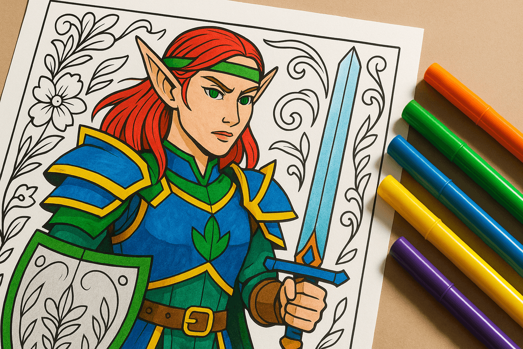 Colored fantasy elf warrior page, vibrant art.
