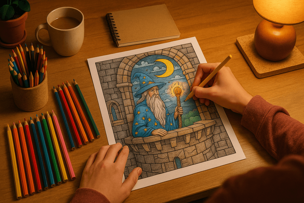 Teen coloring a wizard page, inspiring creativity.