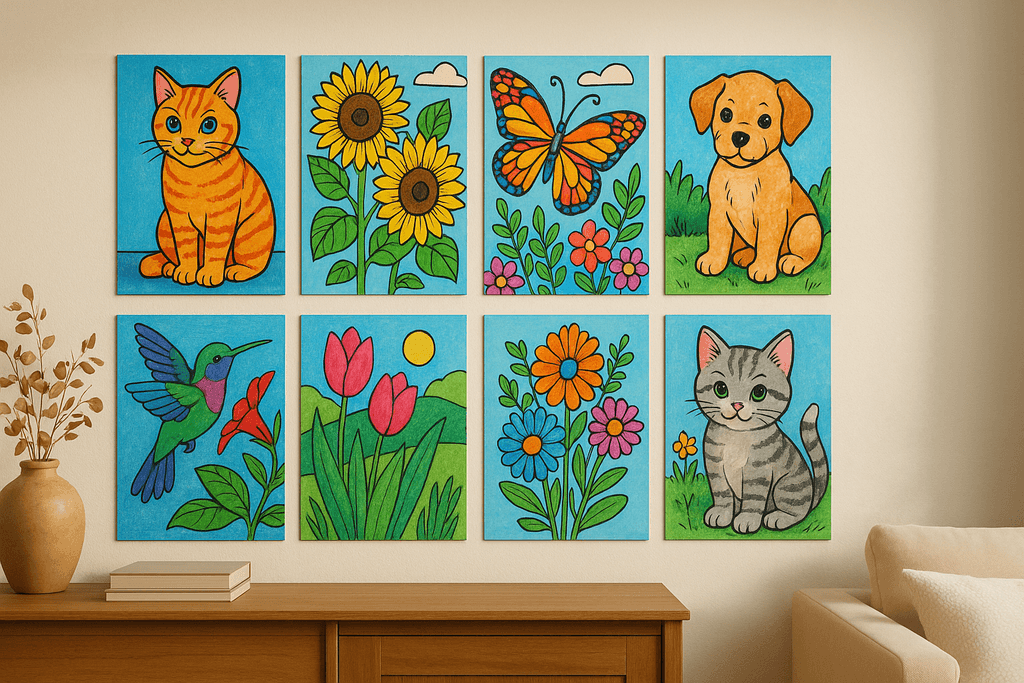Finished coloring book pages displayed on a wall.