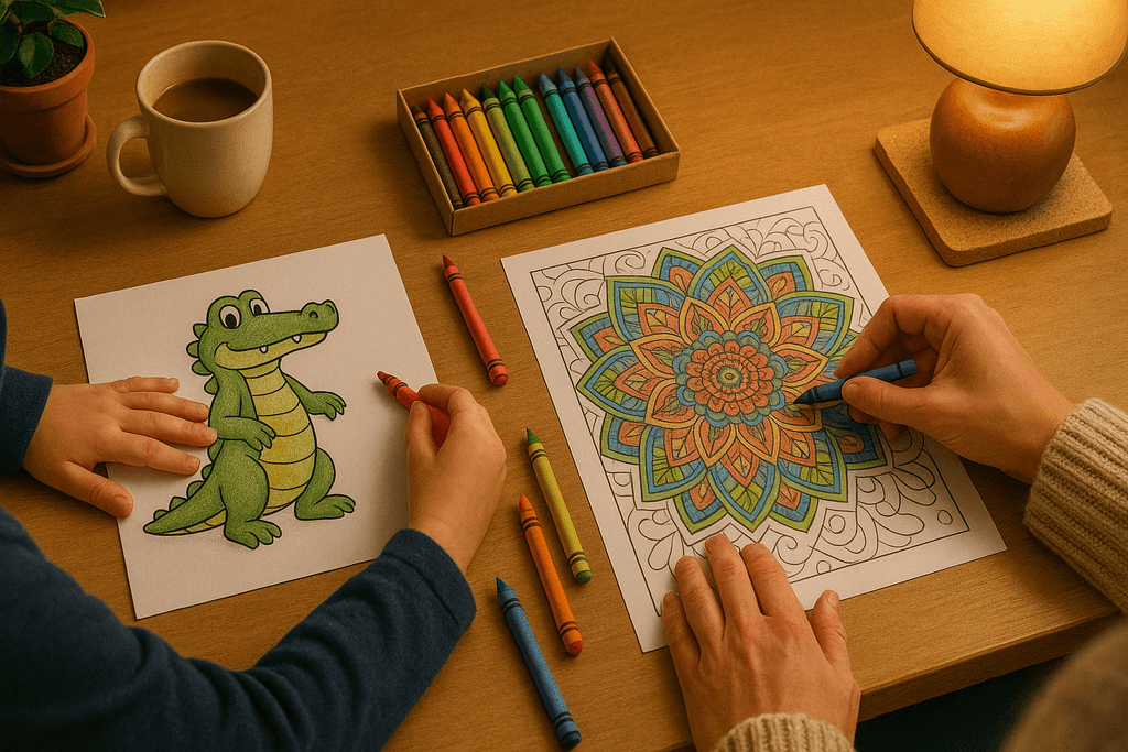 Custom coloring book wrapped as a gift with crayons.