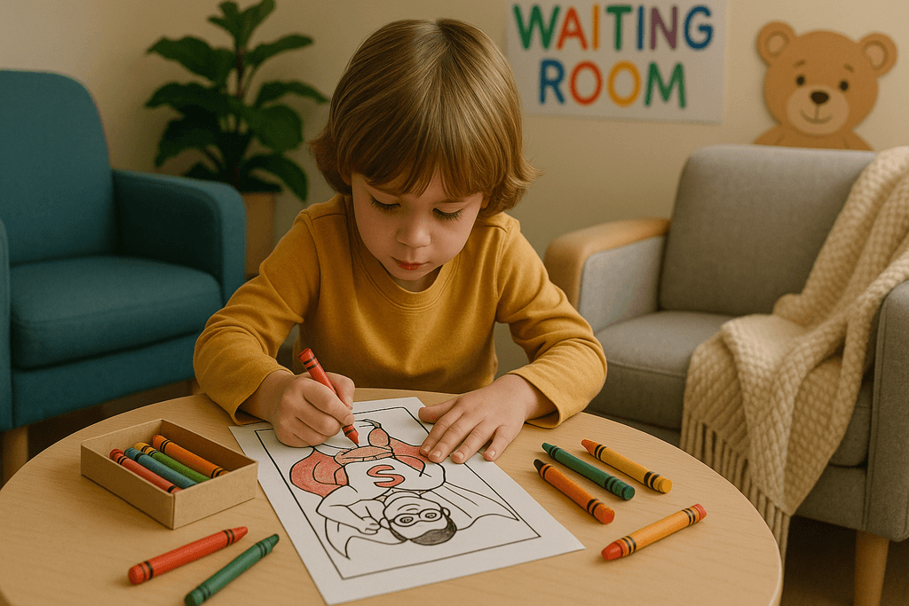 Child coloring a superhero page in a pediatric waiting room.