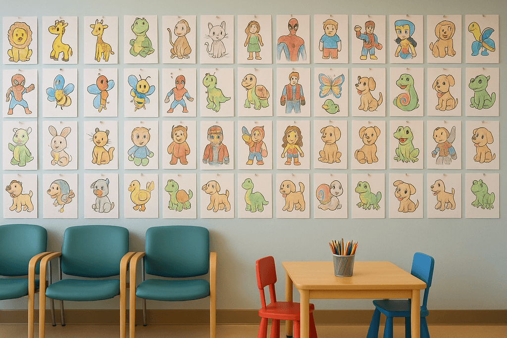 Pediatric waiting room with a kids' coloring gallery display.