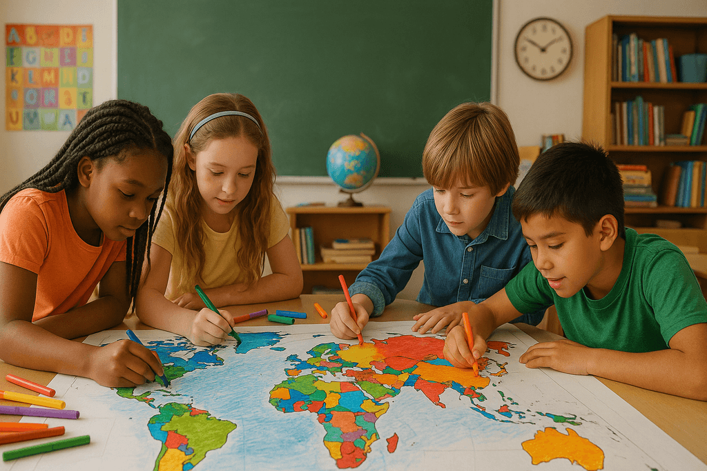 Students coloring a group mural of a world map in class.