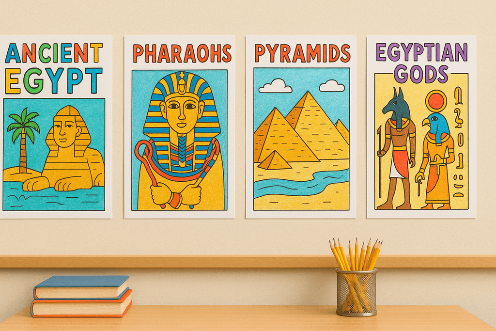 Classroom display of colored pages from a history lesson.