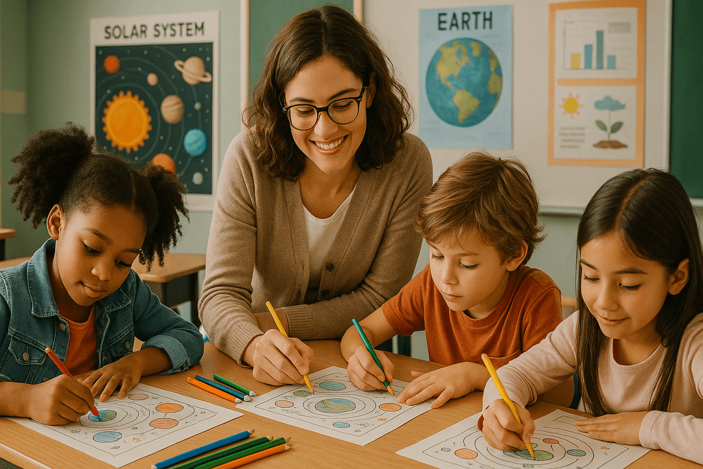 Teacher helping students color a science-themed page in class.