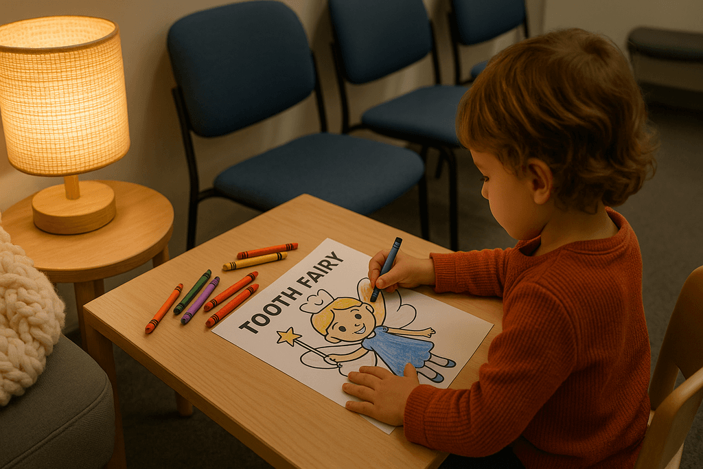 Child coloring a tooth fairy page in a dental waiting room.