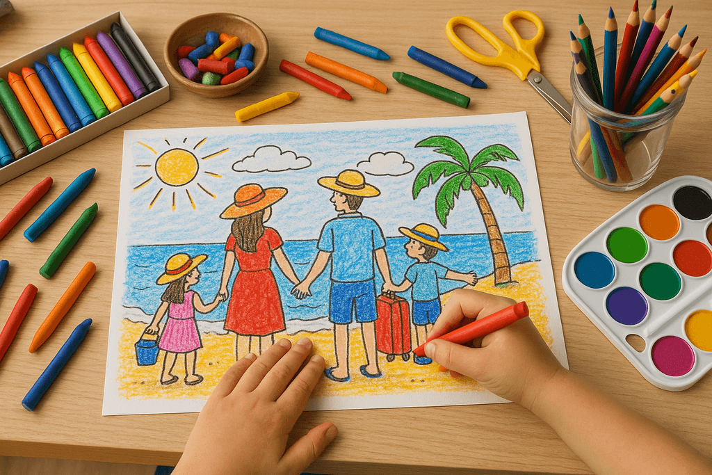 Child coloring a page from a family vacation photo.
