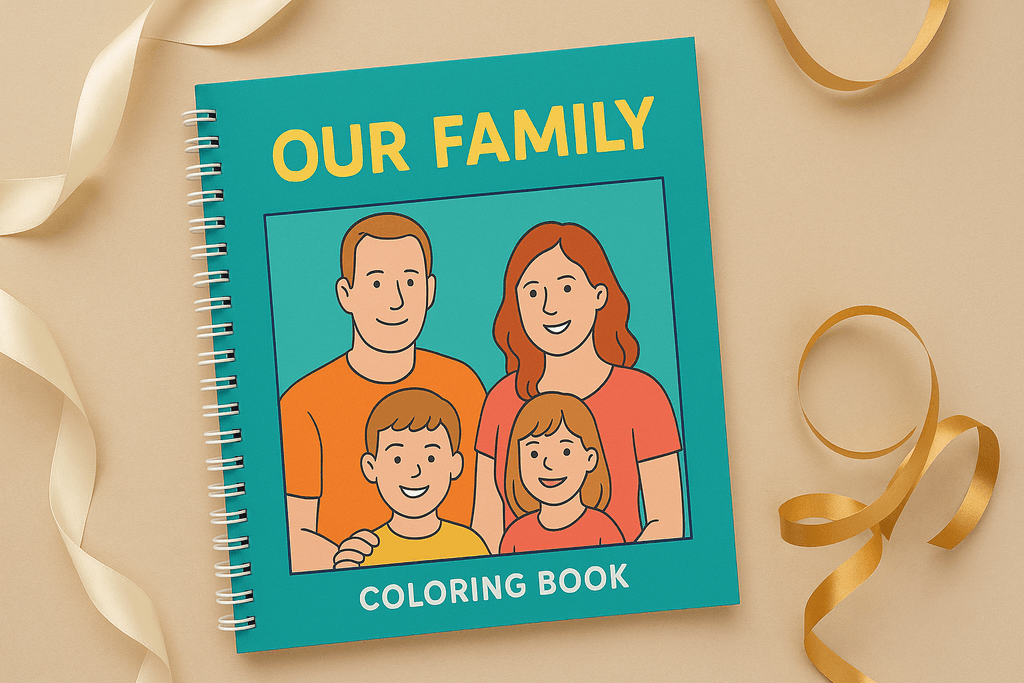 Custom family photo coloring book as a gift display.