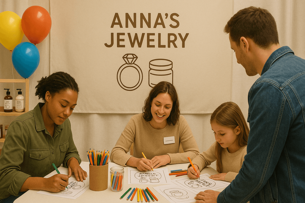 Event booth with customers coloring branded business pages.