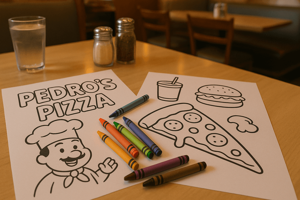 Kids coloring branded restaurant pages at a dining table.