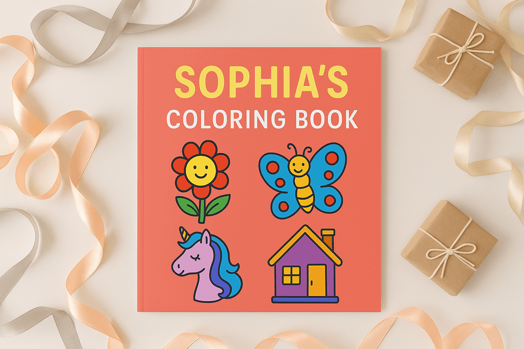 Custom coloring book displayed as a gift.