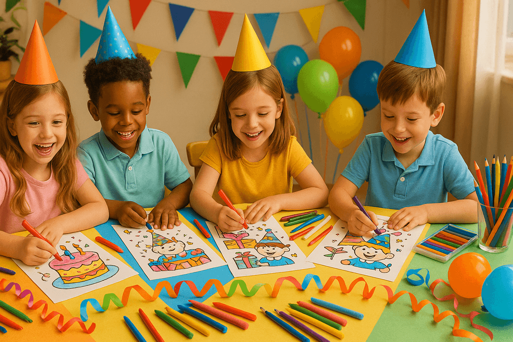 Kids coloring a custom book at a birthday party.