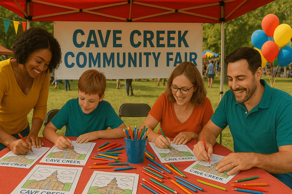 Attendees coloring branded pages at a community fair booth.