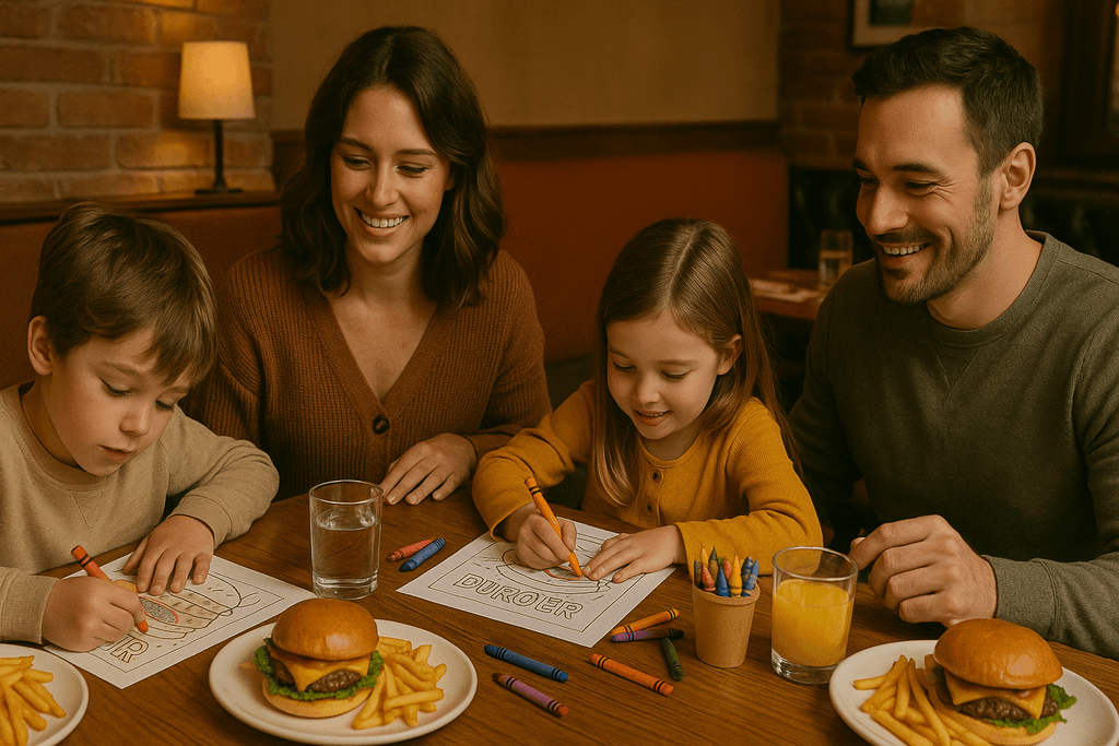 Family dining with kids coloring branded menu pages.