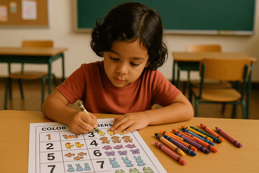 Child coloring a number-themed page in preschool.