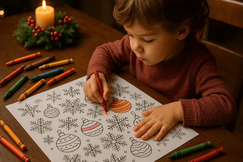 Child coloring a holiday-themed page with festive designs.
