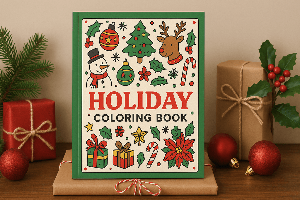 Holiday coloring book displayed as a festive gift.