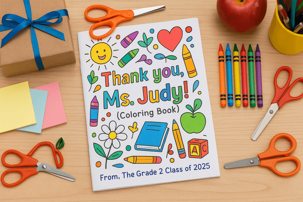 Teacher appreciation coloring book displayed as a gift.