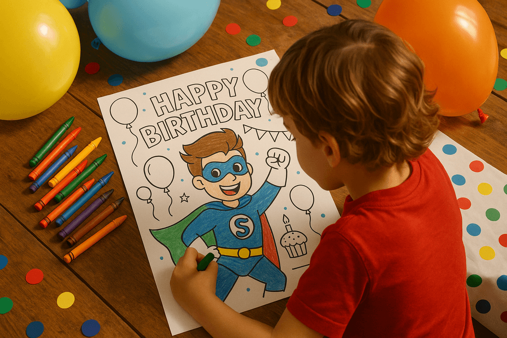 Child coloring a custom birthday-themed page at a party.