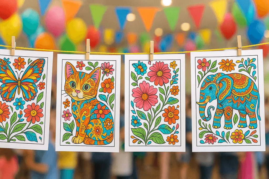 Finished coloring book pages displayed at a family event.