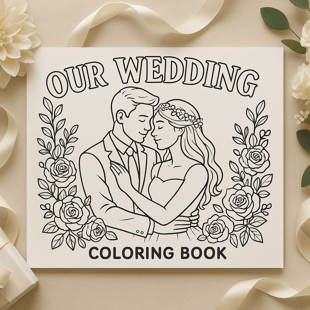 Custom wedding coloring book as a gift on a table.