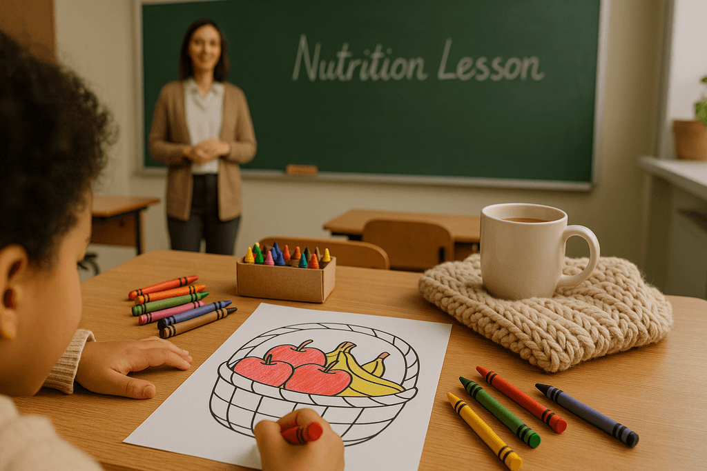 Child coloring a fruit basket page during a nutrition lesson.