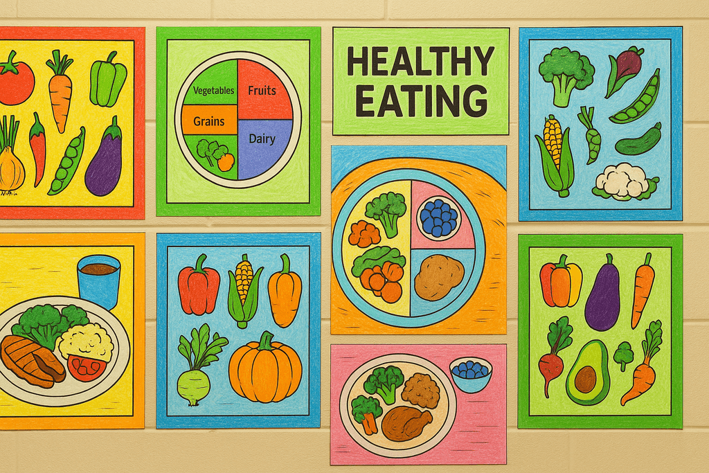 Classroom display of colored healthy eating pages.