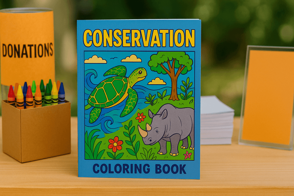 Fundraising coloring book displayed at a charity event.