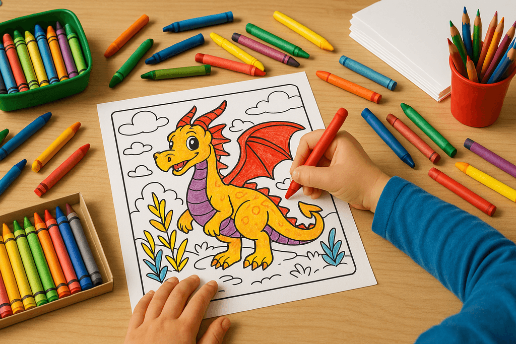 Child coloring a fantasy dragon page with vibrant crayons.