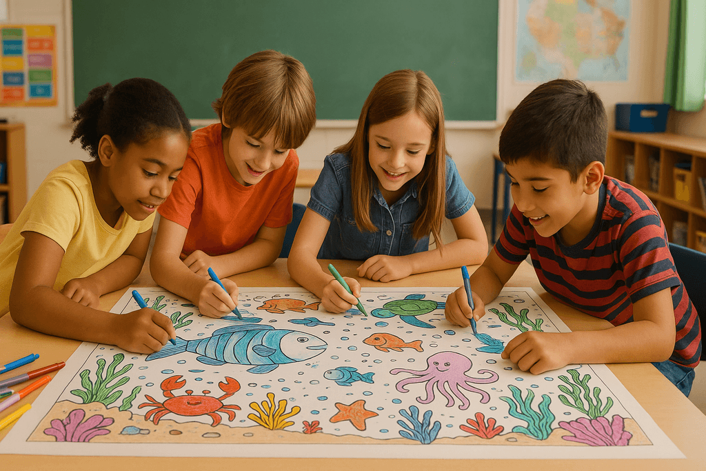 Kids working on a group coloring mural in a classroom.