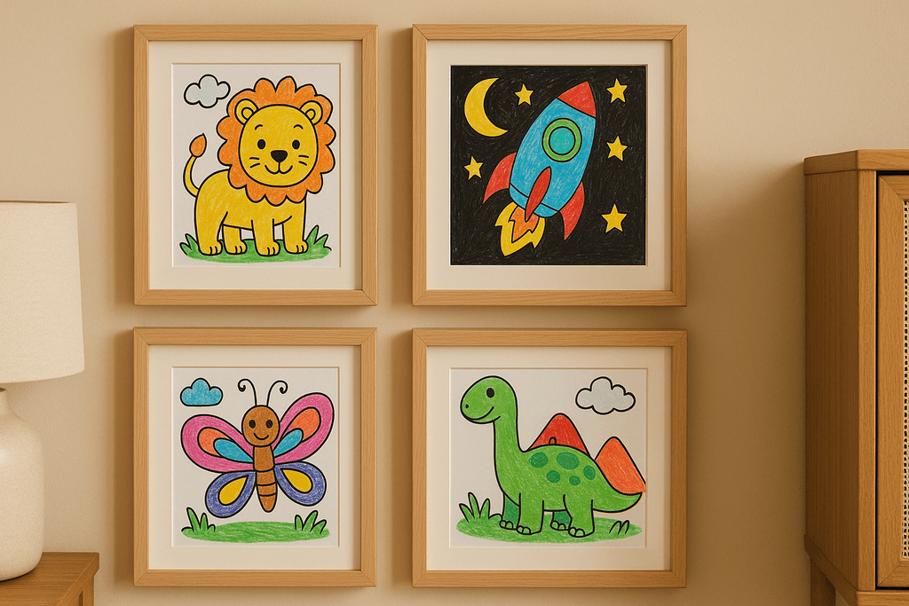 Display of kids' colored pages in a cozy home setting.