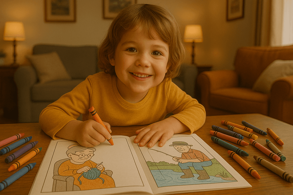 Child coloring a grandparent-themed page with family art.