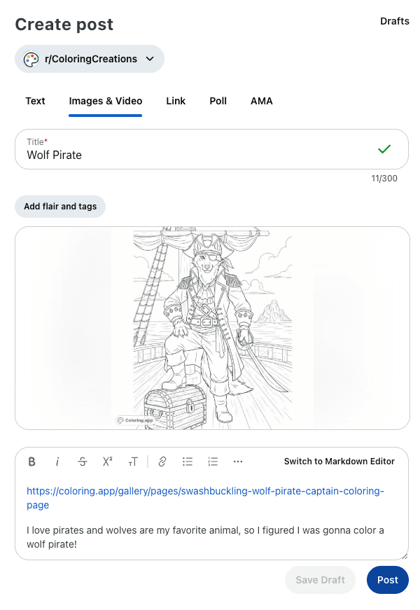 Reddit post form showing how to share a Coloring.app page