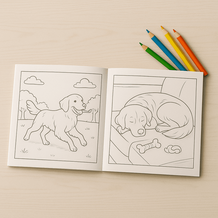 Picture of an open coloring book on a desk with crayons around, the left page is a coloring page with a dog fetching a ball, the right page is a coloring page with the same dog sleeping on a couch.