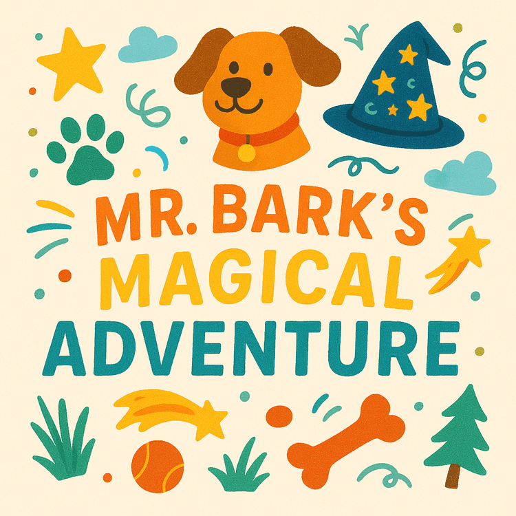 A quote 'Mr. Bark Magical Adventure' with sticker style elements floating around: a dog, a wizard hat, a paw, a star, a bone treat, a ball, a tree
