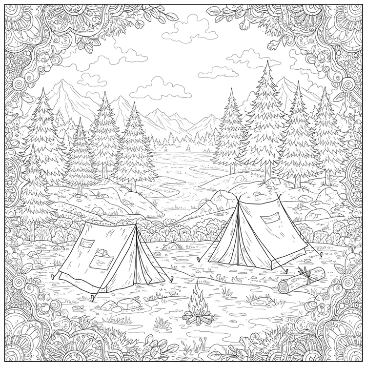 Sample coloring page of a camping scene